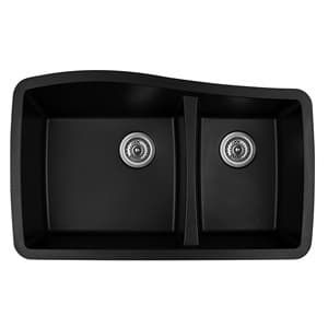 QT-721 Quartz Under Mount Large/Small Bowl Kitchen Sink, 33-1/2" x 20-5/8" x 9", Black