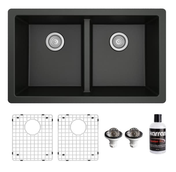 QU-810 Quartz Undermount Double Equal Bowl Kitchen Sink Kit, 32" x 19-1/2" x 9", Black
