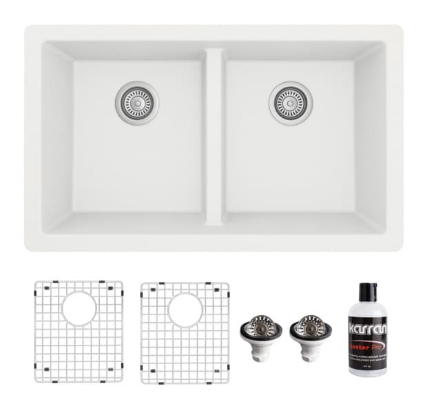 QU-810 Quartz Undermount Double Equal Bowl Kitchen Sink Kit, 32" x 19-1/2" x 9", White