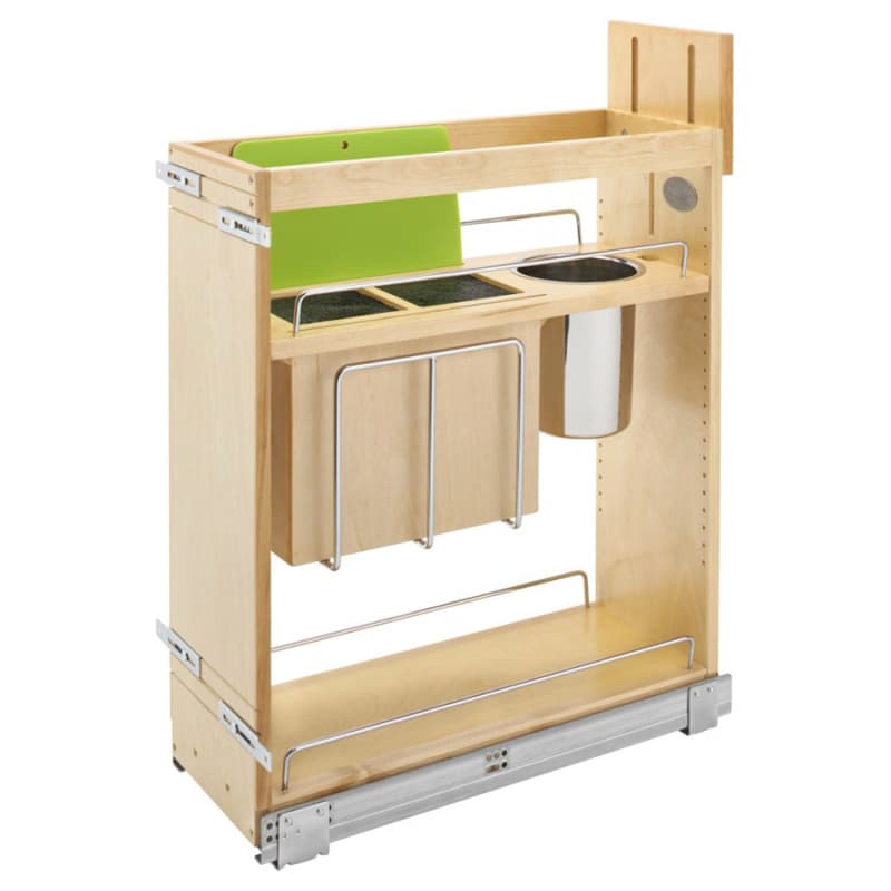 8" Pullout Wood Base Cabinet Organizer with Knife Block, Utensil Bins and BLUMOTION Soft-Close Slides