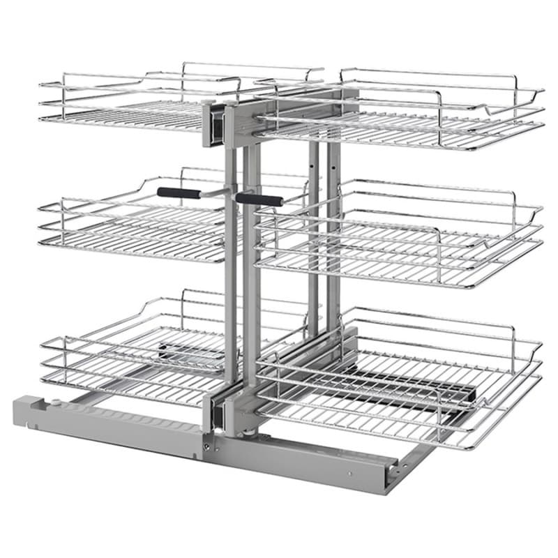 3-Tier Universal Blind Corner Optimizer with Soft-Closing for 15" Cabinet Opening, Chrome/Metallic Silver