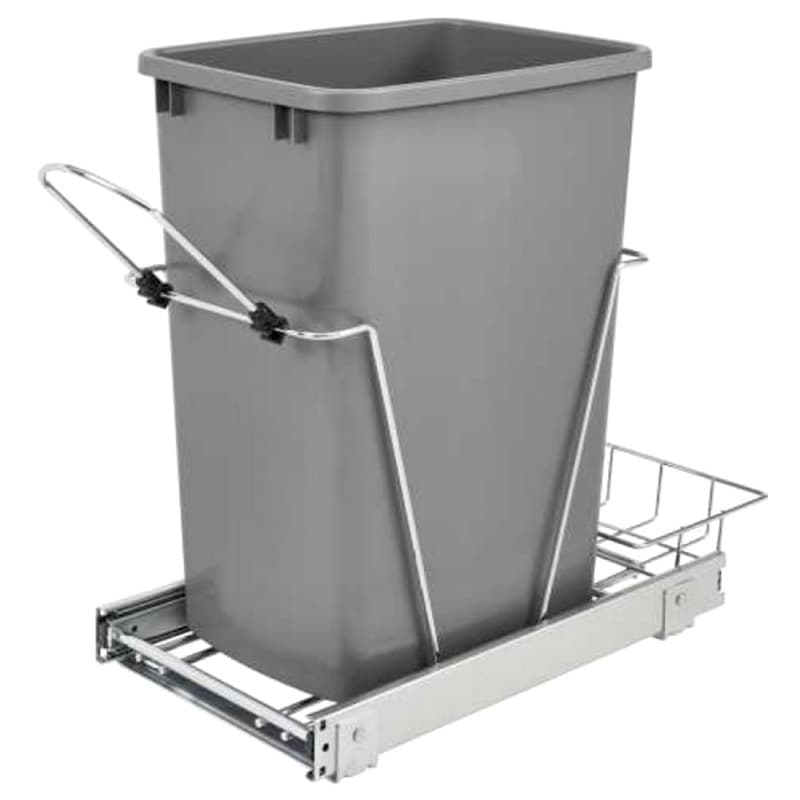 Single 35 QT Bottom-Mount Waste Container Pullout with Rear Basket, Chrome/Metallic Silver