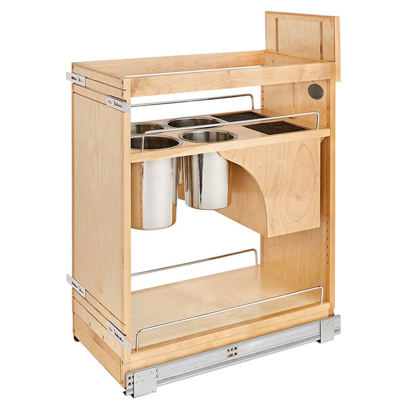 11" Pullout Wood Base Cabinet Organizer with Knife Block, Utensil Bins and BLUMOTION Soft-Close Slides
