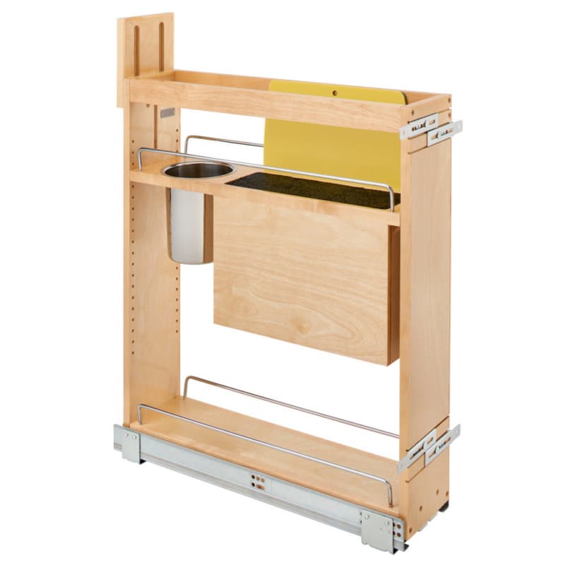 6" Pullout Wood Base Cabinet Organizer with Knife Block, Utensil Bins and BLUMOTION Soft-Close Slides
