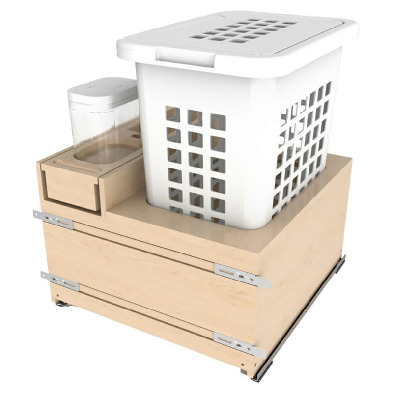 21" Wood Base Cabinet Bottom-Mount Hamper Pullout with Single 2.3bu Hamper/1.7 Qt Container/BLUM Soft-Close Slide, Clear Polyurethane