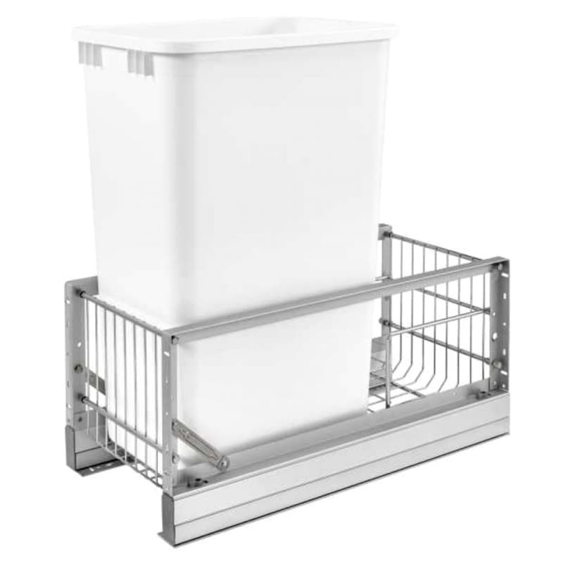5349 Single 50 QT Aluminum Pullout Waste Container, Full-Extension Soft-Closing for 11" Cabinet Opening, Brushed/White