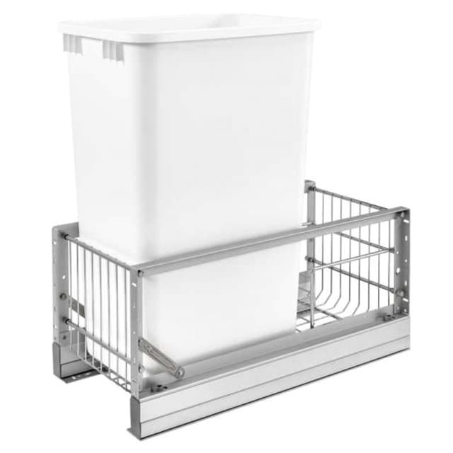 5349 Single 50 QT Aluminum Pullout Waste Container, Full-Extension Soft-Closing for 11" Cabinet Opening, Brushed/White