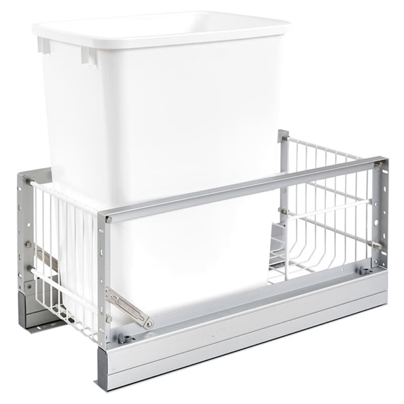 5349 Single 35 QT Aluminum Pullout Waste Container, Soft-Closing for 11" Cabinet Opening Slides, Brushed/White