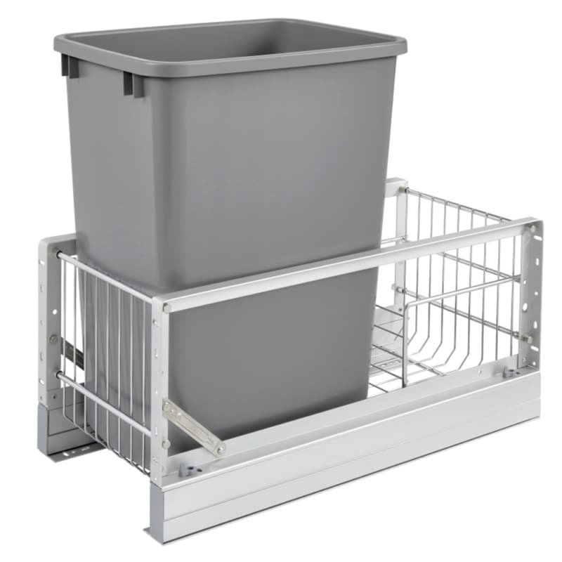 5349 Single 35 QT Aluminum Pullout Waste Container, Soft-Closing for 11" Cabinet Opening Slides, Brushed/Metallic Silver