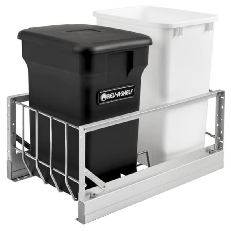 Double 24 QT/35 QT Bottom-Mount Waste Container Pullout with Soft-Closing, Black/White