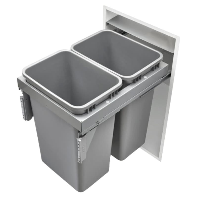 Double 50 QT Top-Mount Euro Waste Container for 16-1/2" Cabinet Opening, Metallic Silver