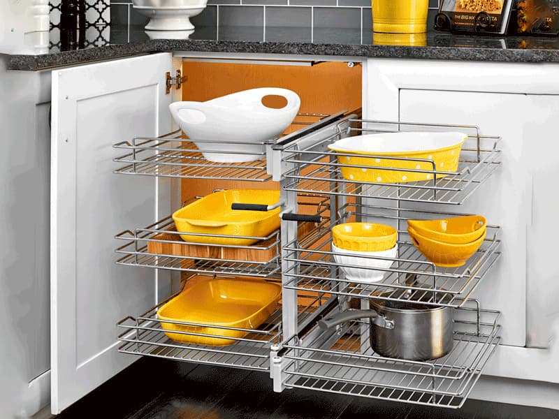 3-Tier Universal Blind Corner Optimizer with Soft-Closing for 18" Cabinet Opening, Chrome/Metallic Silver