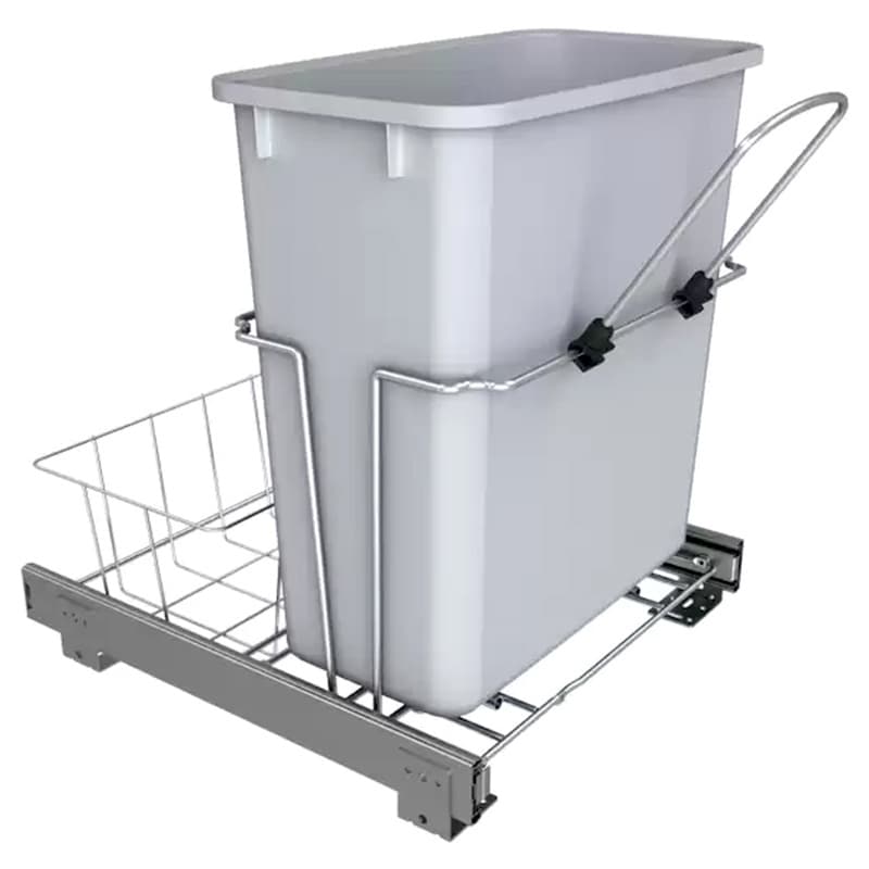 Single 20 QT Bottom-Mount Waste Container Pullout w/Rear Basket Storage, for 18" Base Cabinets, Gray