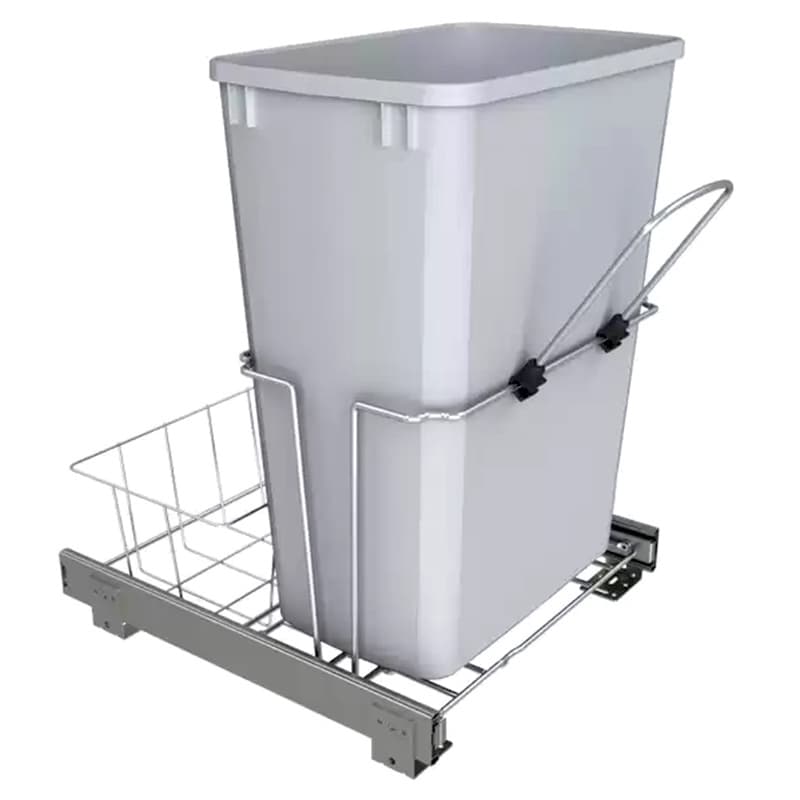 Single 32 QT Bottom-Mount Waste Container Pullout w/Rear Basket Storage, for 18" Base Cabinets, Gray