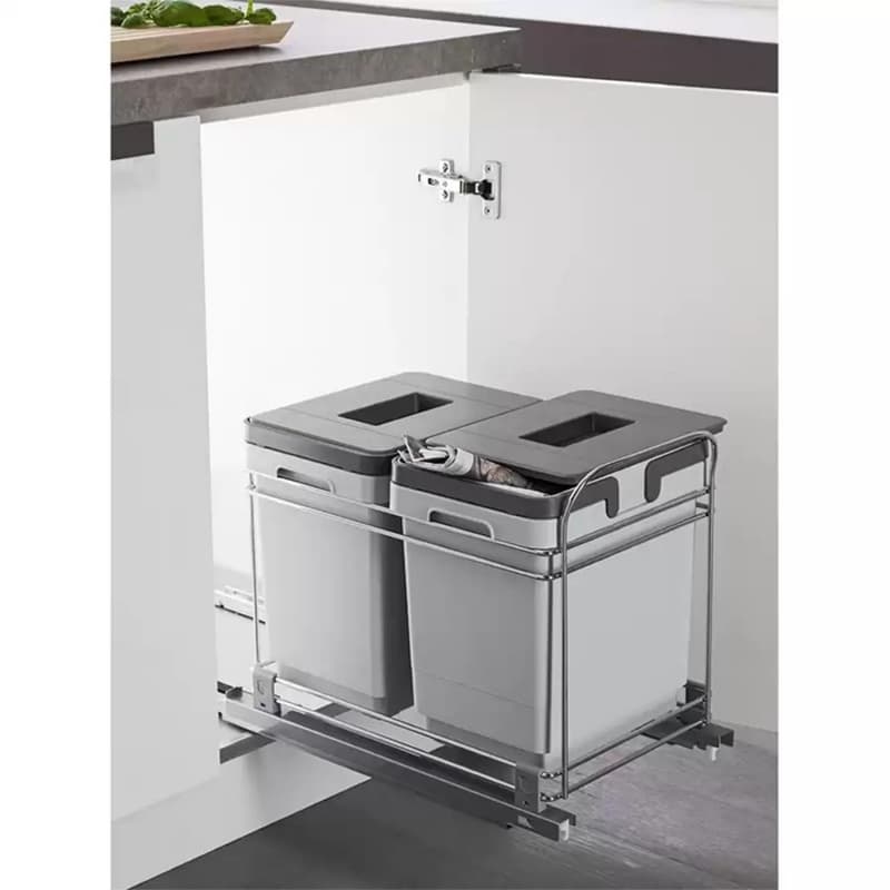 Double 16 QT Bottom-Mount Waste Container Pullout with Lid/Handle for 12" Cabinet Opening, Gray