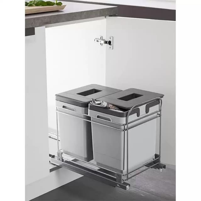 Double 16 QT Bottom-Mount Waste Container Pullout with Lid/Handle for 12" Cabinet Opening, Gray