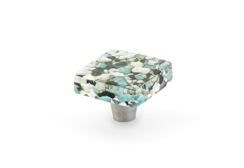 1-1/2" Ice Square Cabinet Knob, Green/Blue Pebbles