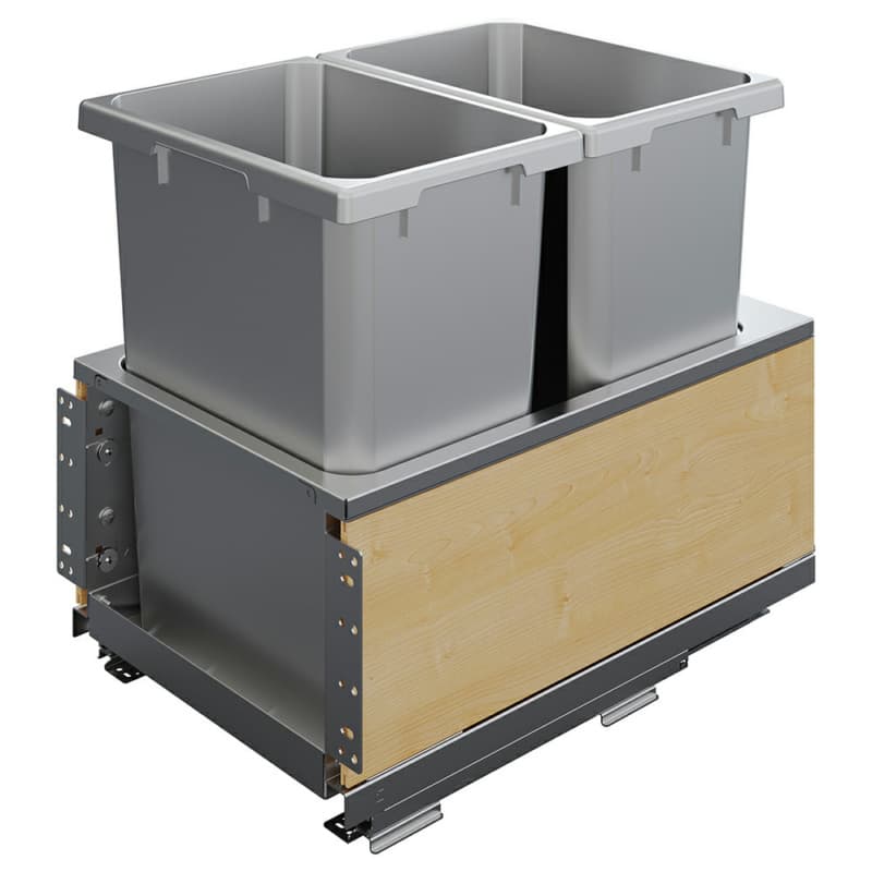 Double 35 Qt Bottom-Mount Planero Platinum Line Waste Container Pullout with Soft-Closing and Maple Side Panel, Platinum
