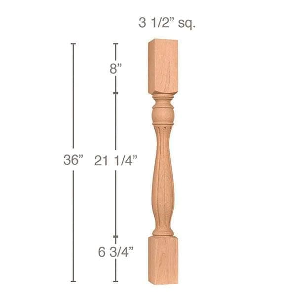 36" x 3-1/2" x 3-1/2" Traditional Fluted Island Column, Alder