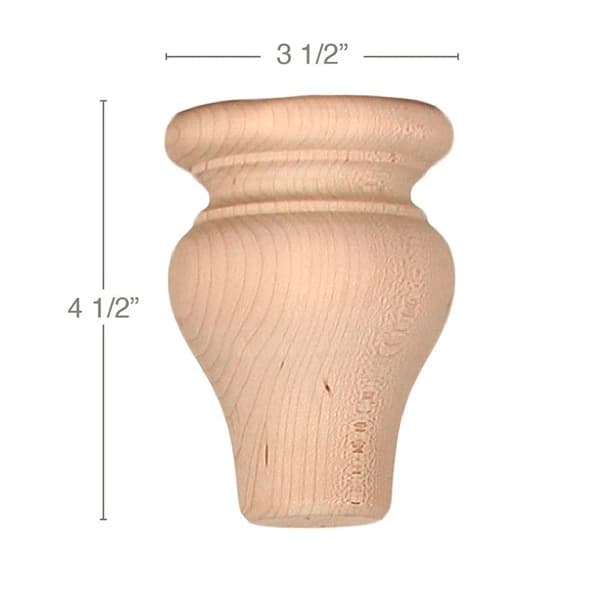 4-1/2" x 3-1/2" x 3-1/2" Traditional Tall Round Bun Foot, Alder