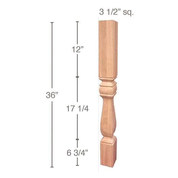 36" x 3-1/2" x 3-1/2" Traditional Square Island Column, Maple