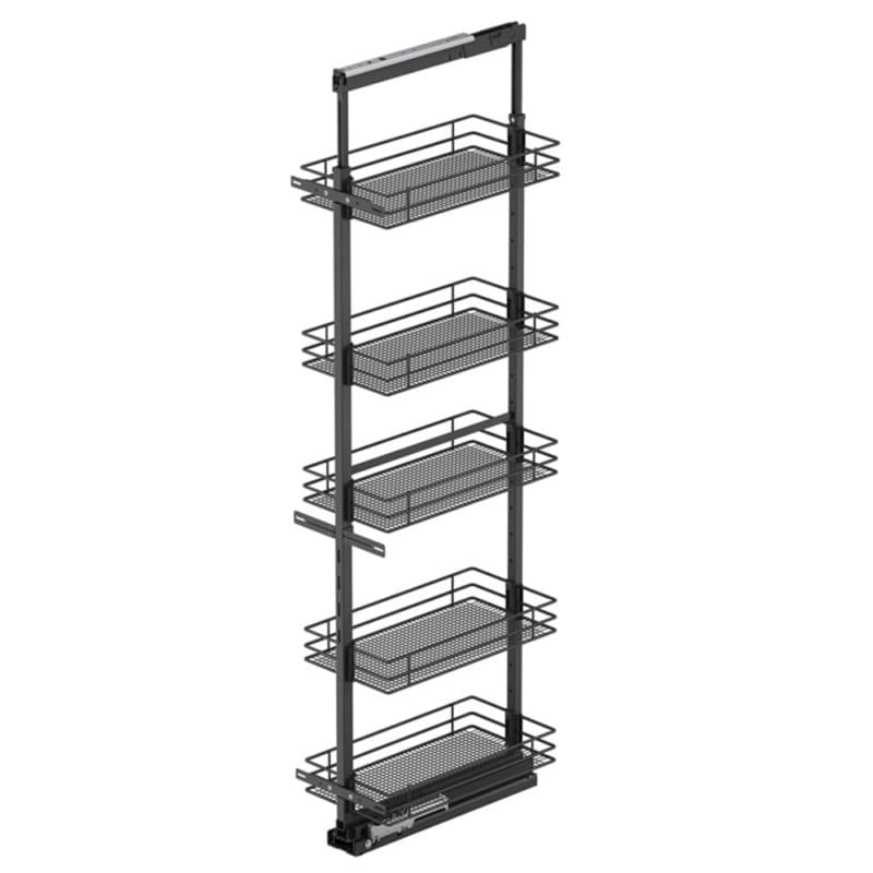 11.5" x 76.75" 5-Shelf Saphir Wire Pullout Pantry with PAM and Soft-Closing, Carbon Steel Gray