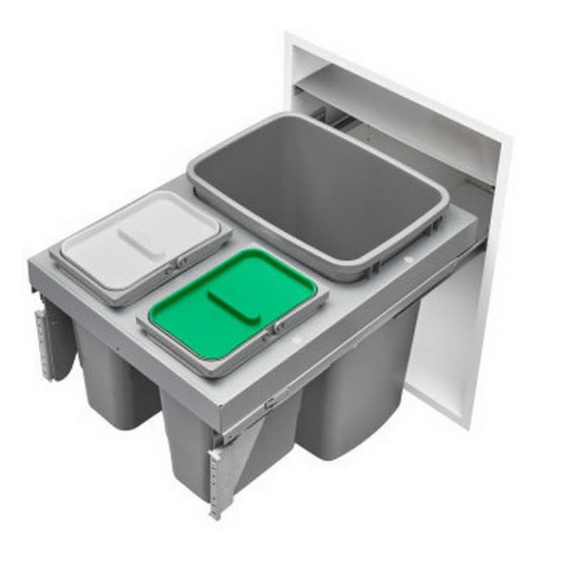 Triple Bin 35 Qt Single and 8Qt Top-Mount Waste Container Pullout, Soft-Closing, Metallic Silver