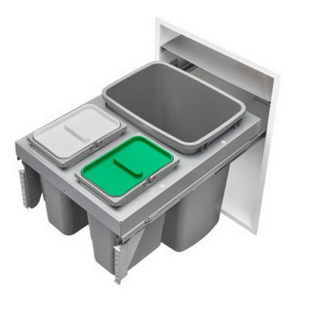 Triple Bin 35 Qt Single and 8Qt Top-Mount Waste Container Pullout, Soft-Closing, Metallic Silver