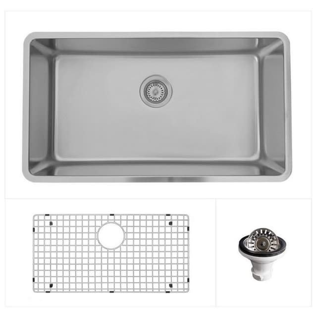 Novaro Stainless Steel Undermount 18G Extra Large Single Bowl Kitchen Sink Kit, 30-7/8" x 17-1/4" x 9"