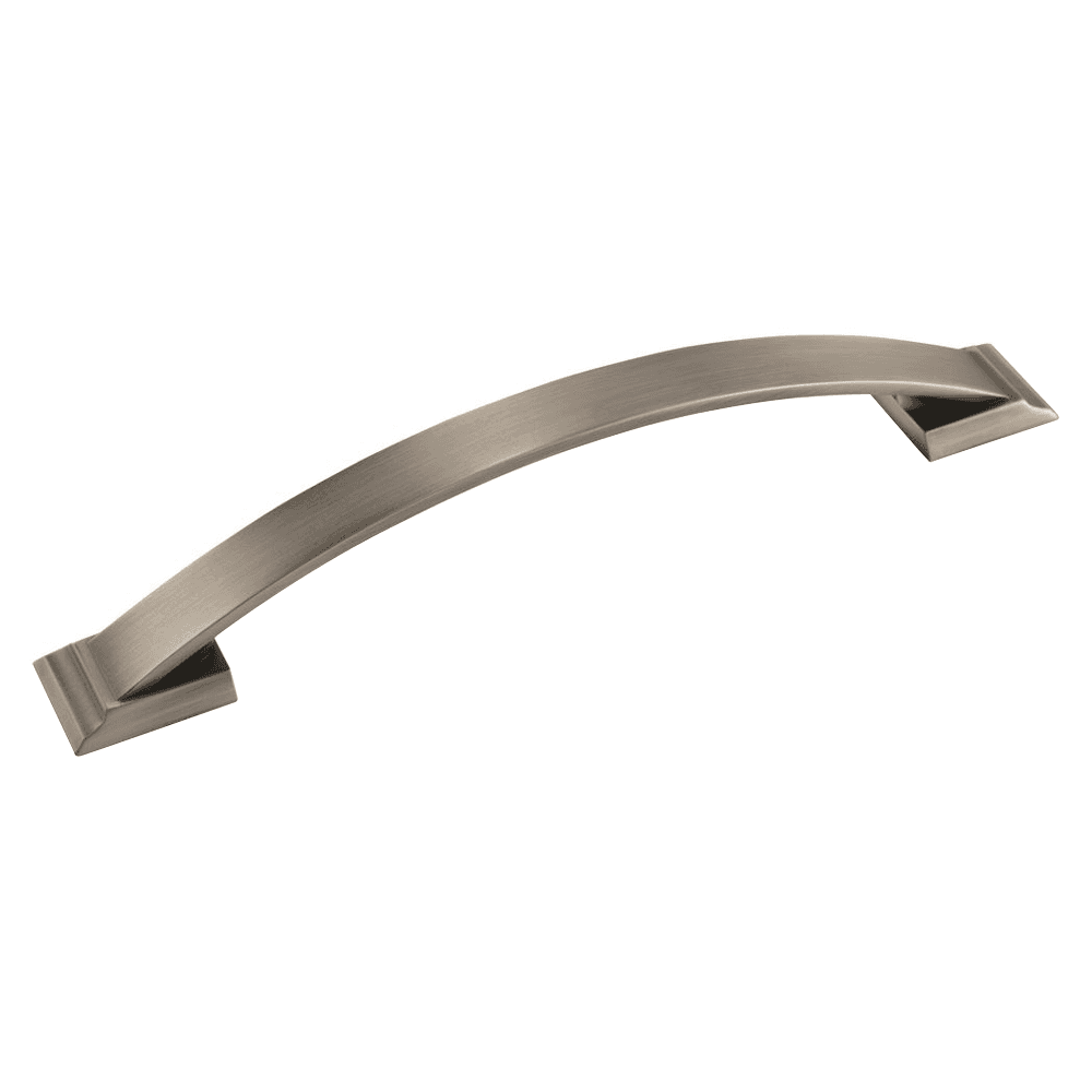 Close-up of Amerock 160mm Candler Arch Pull in Golden Champagne finish on modern kitchen cabinet