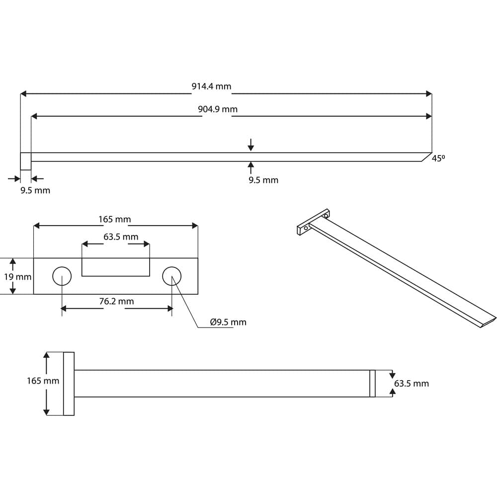 36" Island PRO Countertop Support Bracket, Black Finish - Diagram