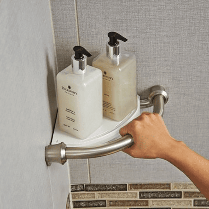 Mounting hardware and template included with Decor Assist Traditional Corner Shelf with Assist Bar by Liberty Hardware