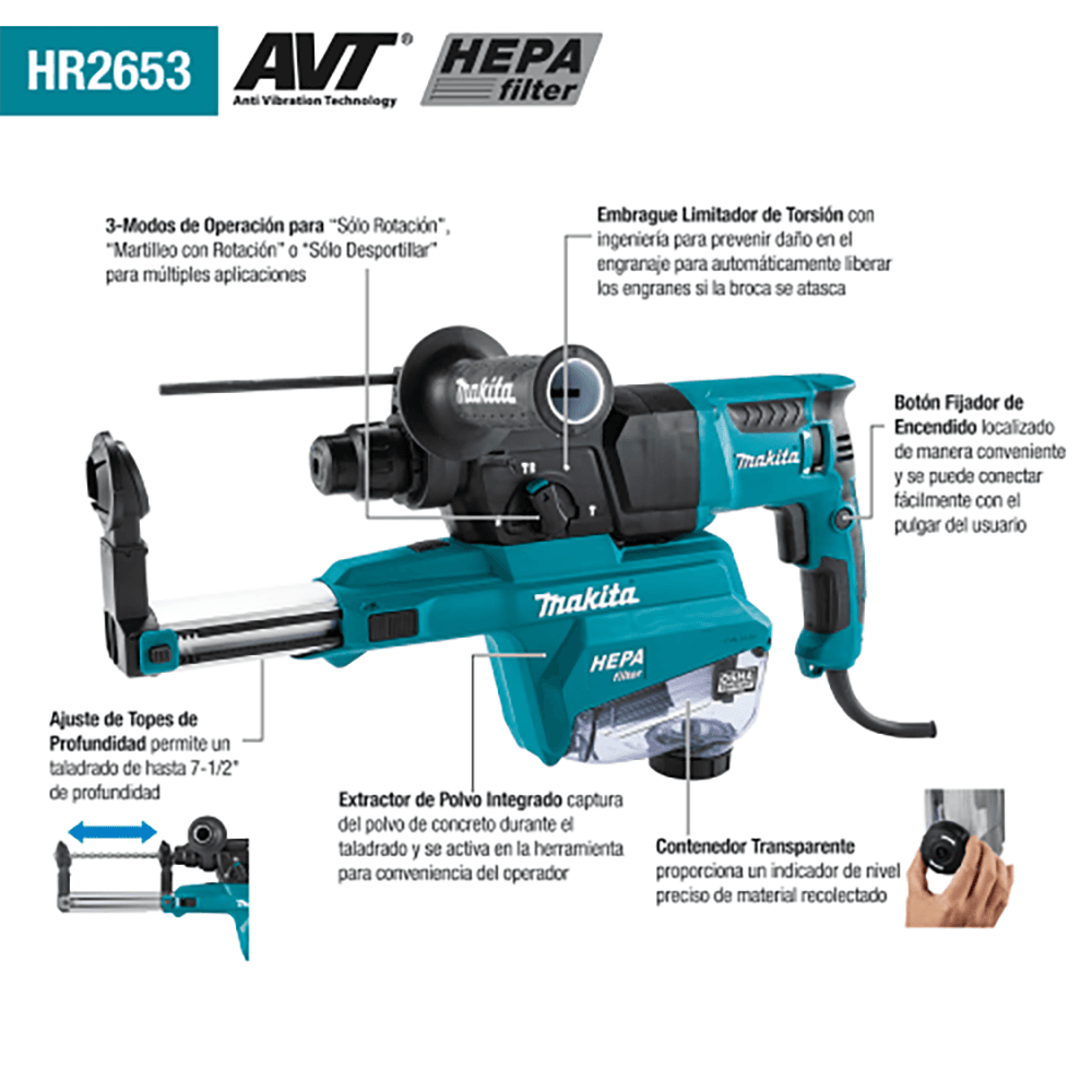 1" SDS‑PLUS AVT Pistol Grip Rotary Hammer with HEPA Dust Extractor Alt 3 - Image