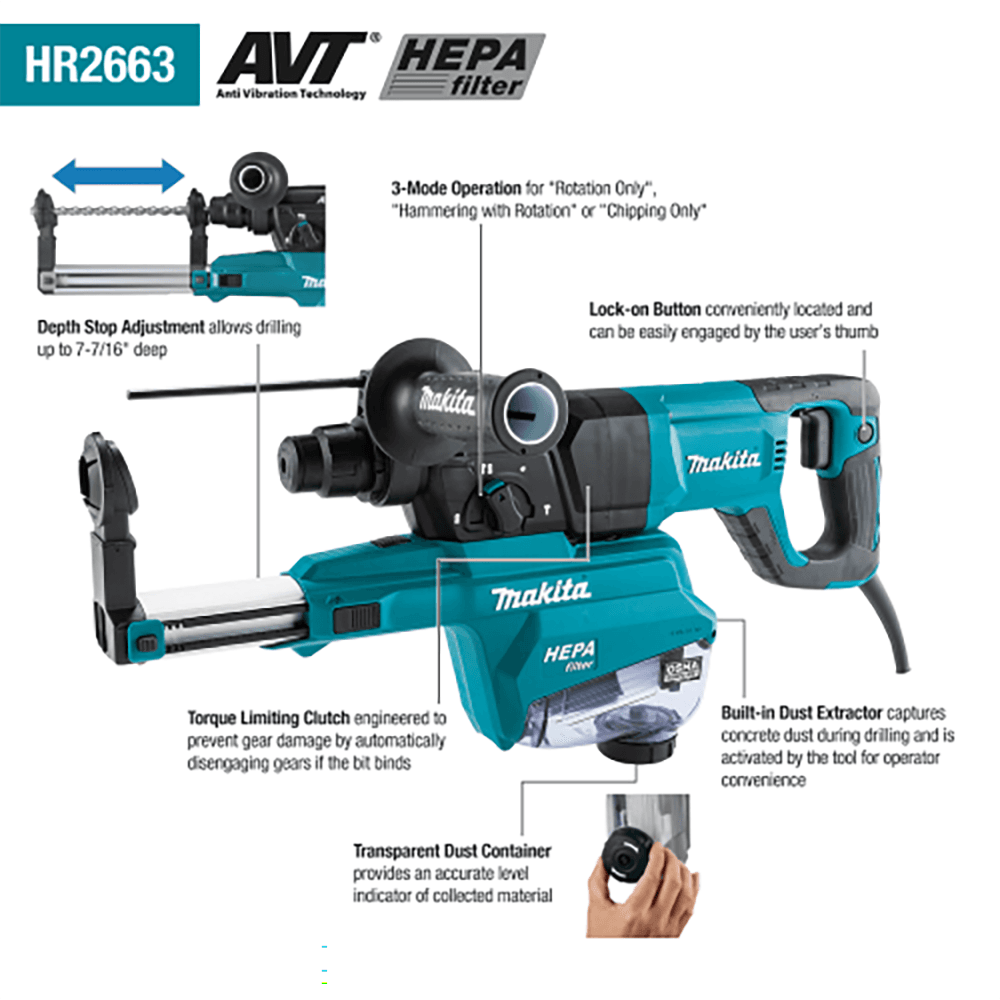 1" SDS‑PLUS AVT D‑Handle Rotary Hammer with HEPA Dust Extractor Alt 2 - Image