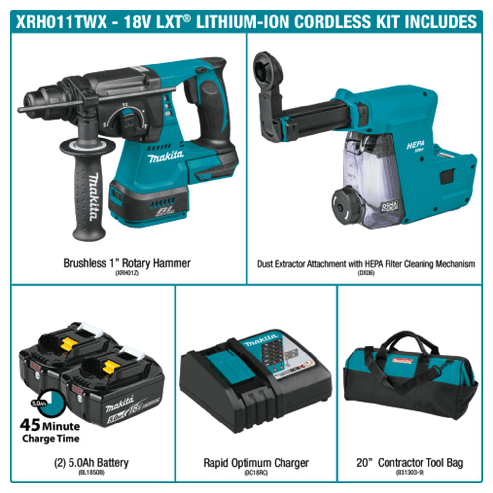 18V LXT Lithium‑Ion Brushless Cordless 1" SDS‑PLUS Rotary Hammer Kit with HEPA Dust Extractor Attachment (5.0Ah) Alt 8 - Image