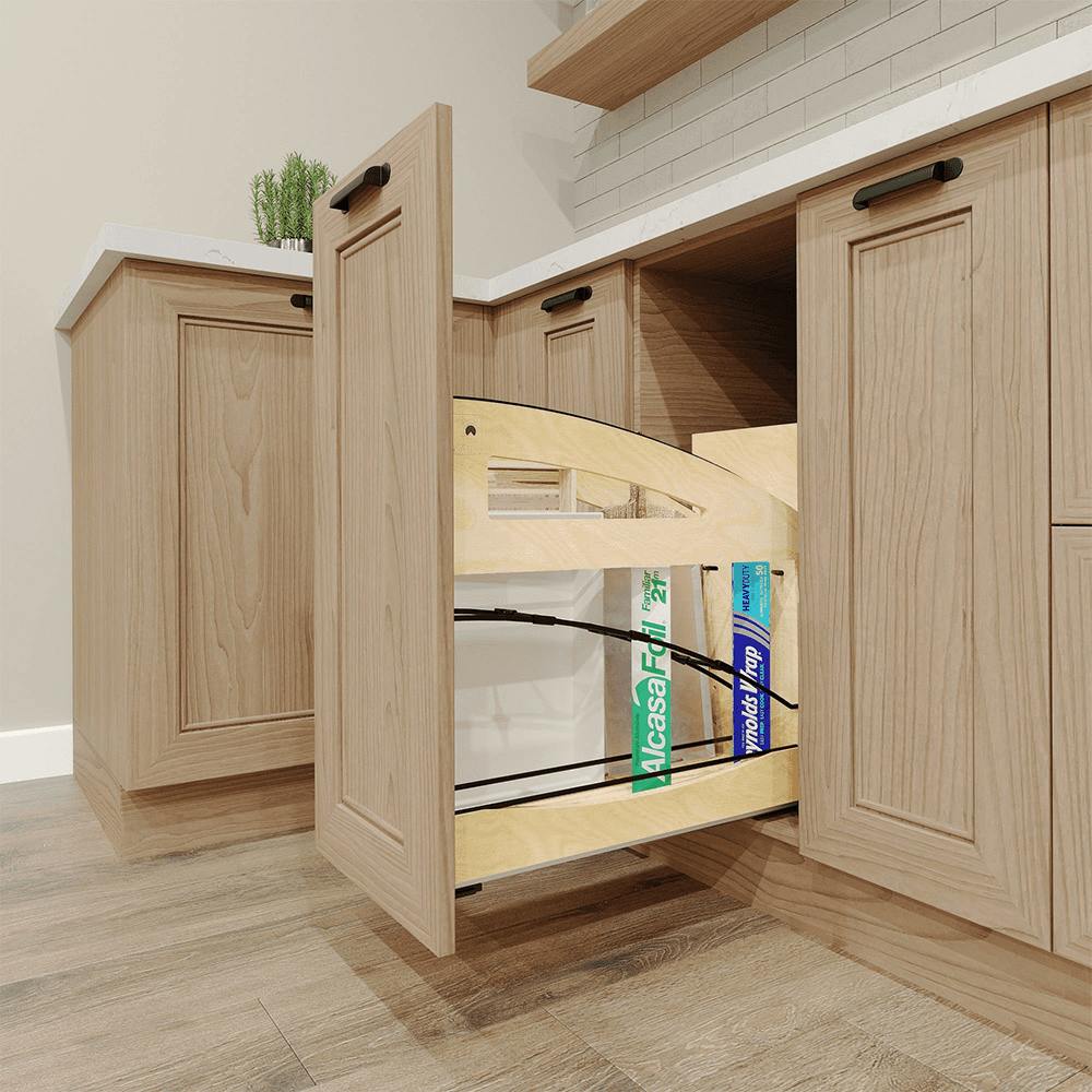 8" Craftsman Base Cabinet Pullout with Tray Divider/Foil Wrap Holder for 12" Base Cabinets, Light Brown Alt 5 - Image