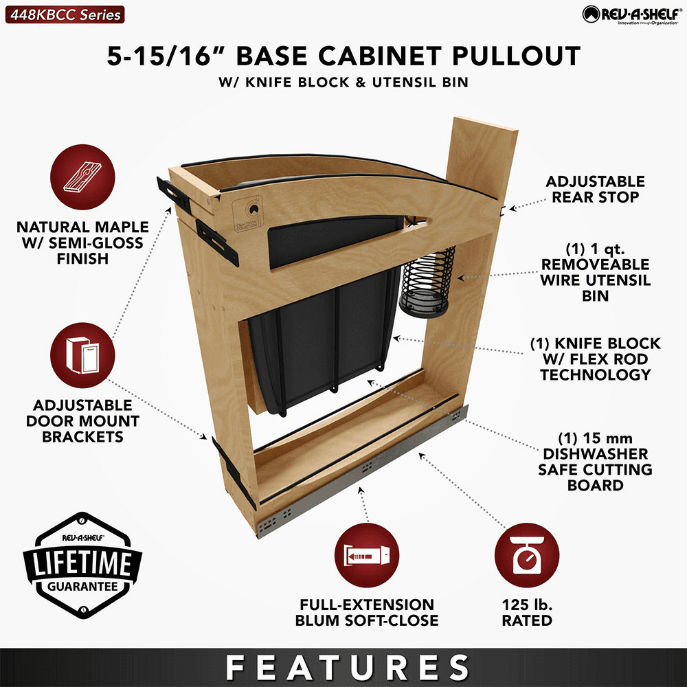 5" Craftsman Knife Block Pullout Organizer with Black Accents for 9" Base Cabinets, Light Brown Alt 10 - Image