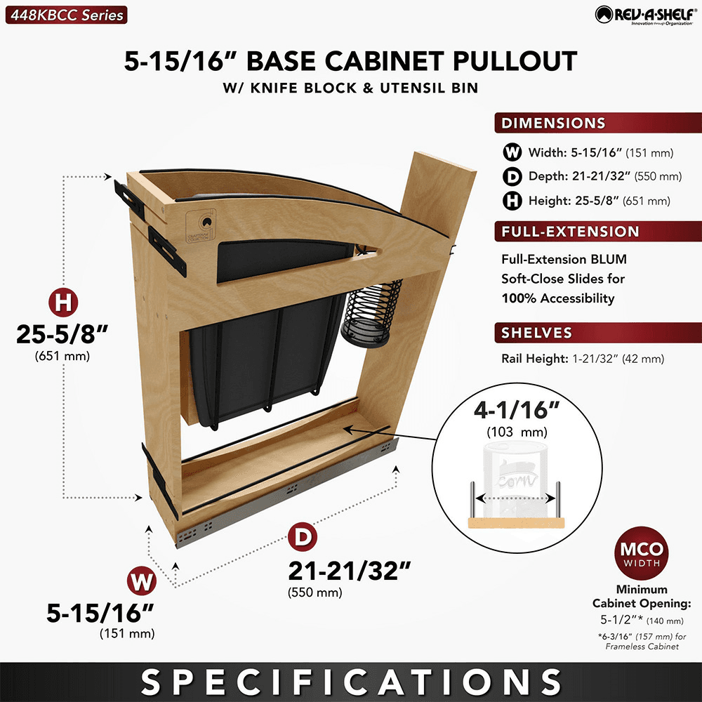 5" Craftsman Knife Block Pullout Organizer with Black Accents for 9" Base Cabinets, Light Brown Alt 9 - Image