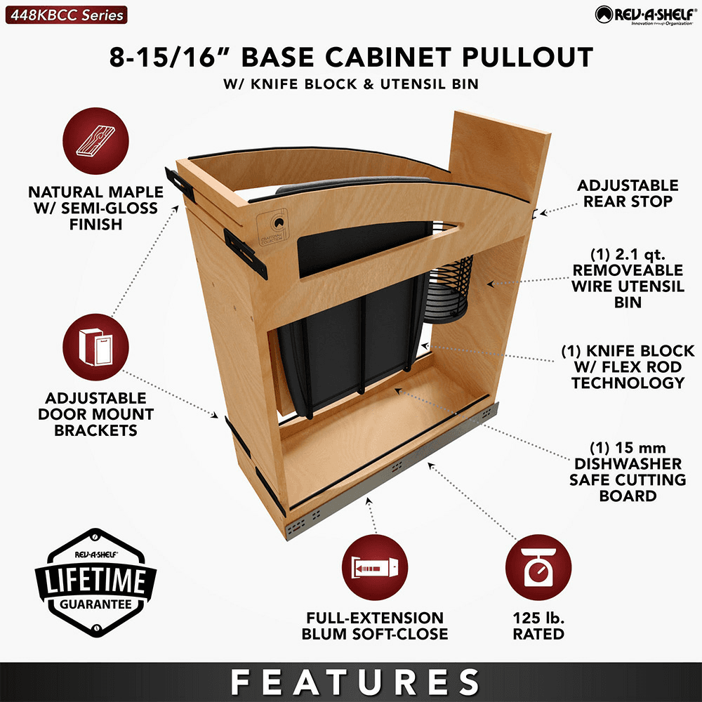 8" Craftsman Knife Block Pullout Organizer with Black Accents for 12" Base Cabinets, Light Brown Alt 10 - Image