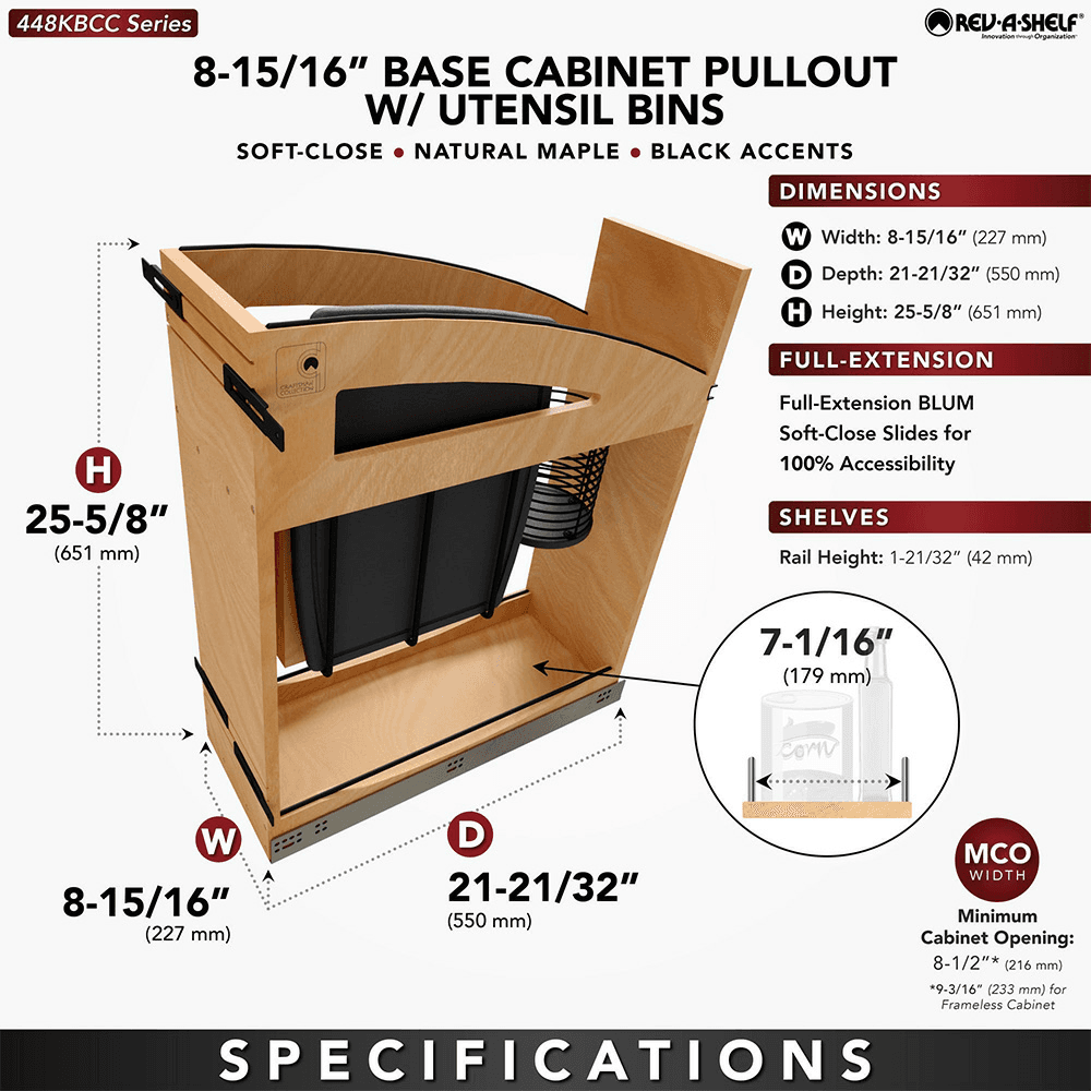 8" Craftsman Knife Block Pullout Organizer with Black Accents for 12" Base Cabinets, Light Brown Alt 9 - Image