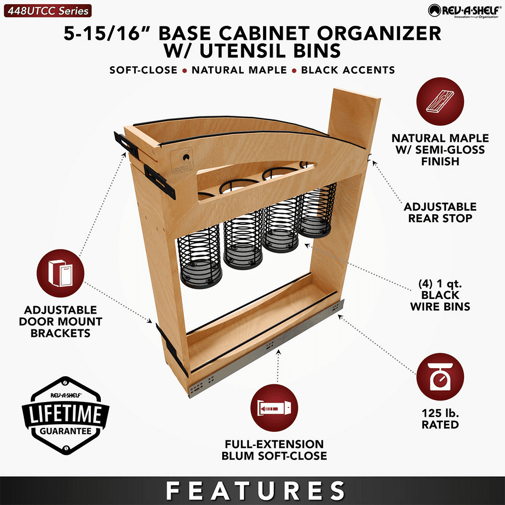 5" Craftsman Utensil Pullout Organizer with Black Accents for 9" Base Cabinets, Light Brown Alt 10 - Image