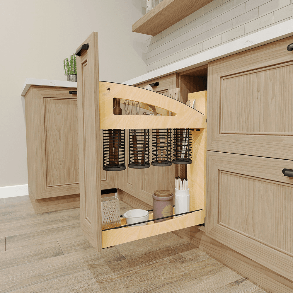 5" Craftsman Utensil Pullout Organizer with Black Accents for 9" Base Cabinets, Light Brown Alt 4 - Image