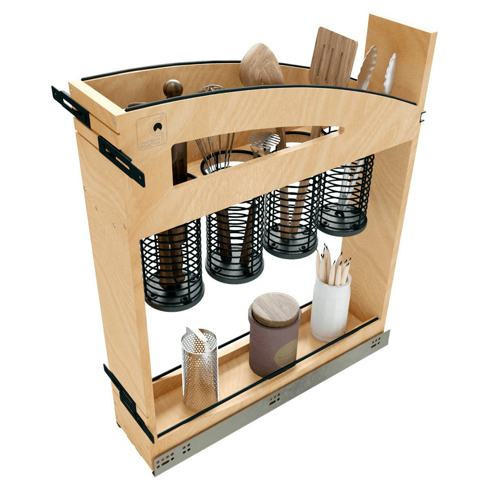 5" Craftsman Utensil Pullout Organizer with Black Accents for 9" Base Cabinets, Light Brown Alt 7 - Image