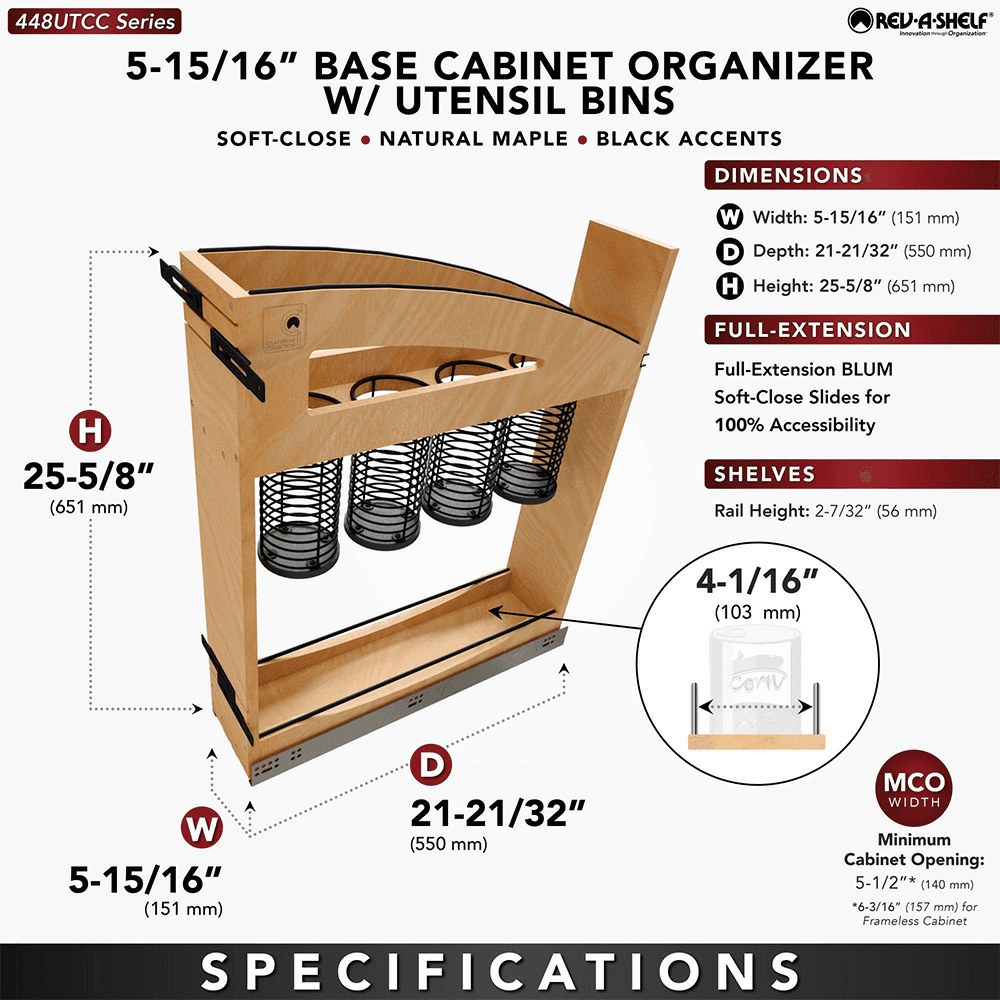 5" Craftsman Utensil Pullout Organizer with Black Accents for 9" Base Cabinets, Light Brown Alt 9 - Image