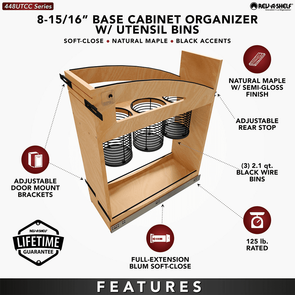 8" Craftsman Utensil Pullout Organizer with Black Accents for 12" Base Cabinets, Light Brown Alt 10 - Image
