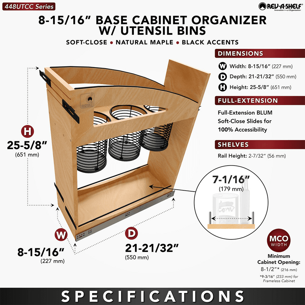8" Craftsman Utensil Pullout Organizer with Black Accents for 12" Base Cabinets, Light Brown Alt 9 - Image