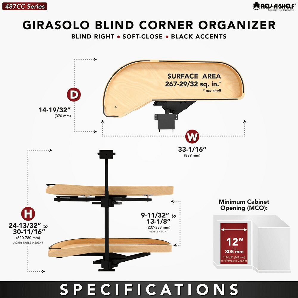 12" Two-Tier Craftsman Collection Girasolo with Soft-Close/Black Accents for Left Opening/Blind Right Corner Cabinet, Light Brown Alt 7 - Image