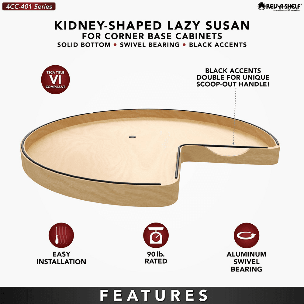 32" Craftsman Kidney Lazy Susan for Corner Base Cabinet with Swivel Bearing/Black Accent, Light Brown Alt 7 - Image
