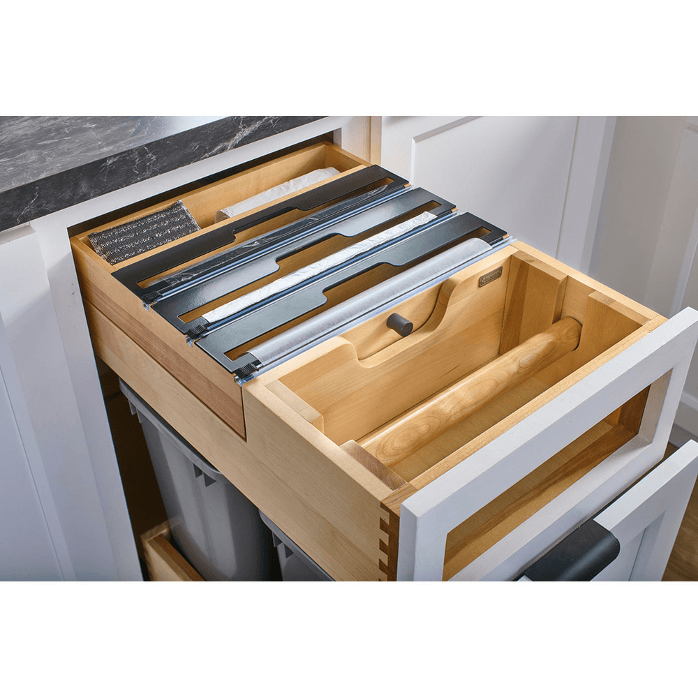 15" Paper Towel/Foil Wrap Tiered Drawer System with BLUM Soft-Close Slides for 18" Base Cabinets, Dark Brown Alt 10 - Image