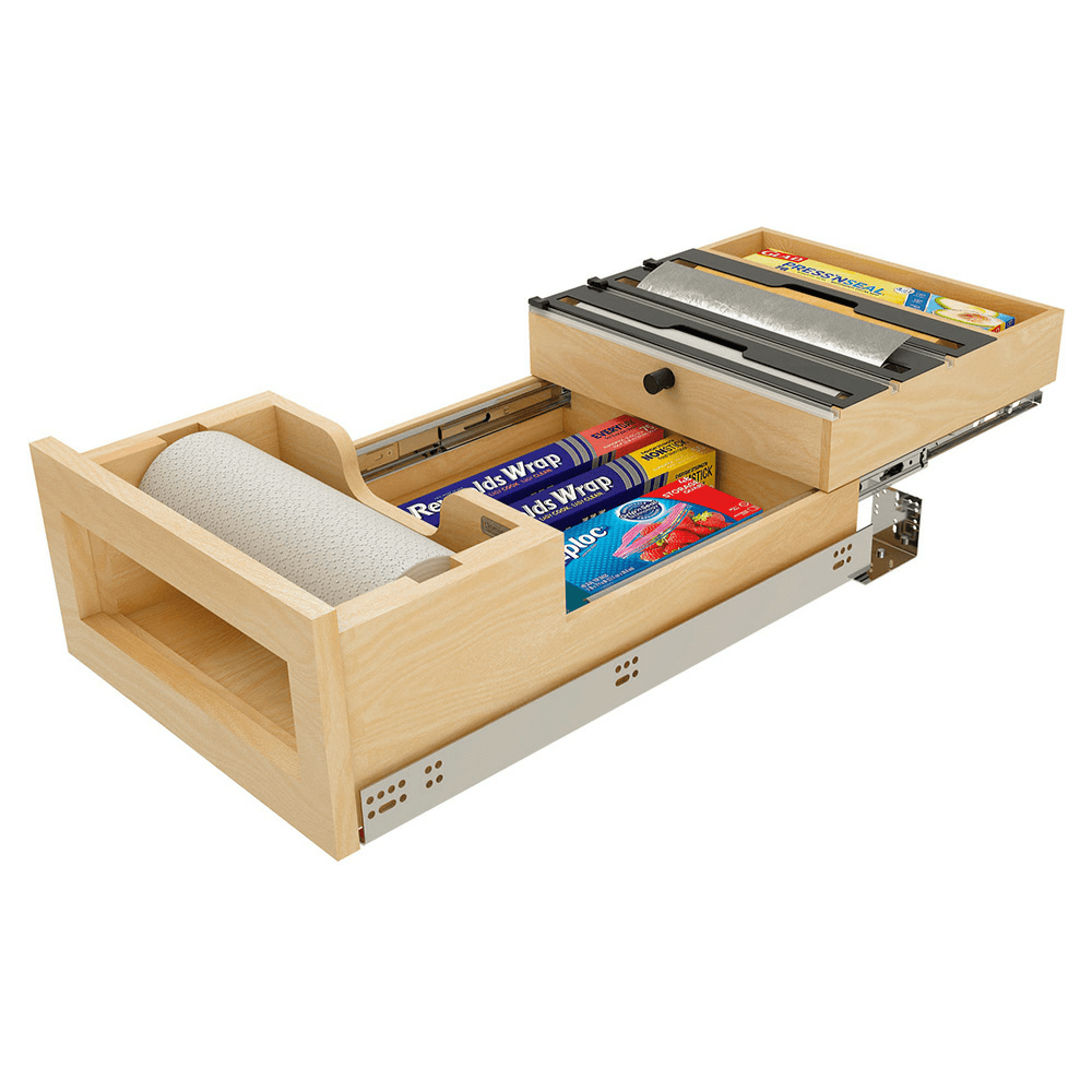 15" Paper Towel/Foil Wrap Tiered Drawer System with BLUM Soft-Close Slides for 18" Base Cabinets, Light Brown Alt 12 - Image